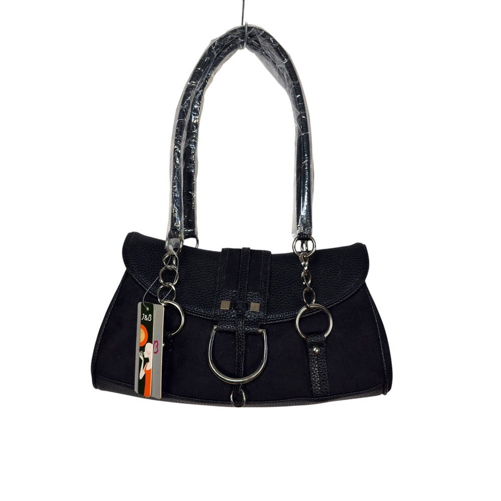 J&B Shoulder Bag Faux Suede Small Black Silver Ring Detail Y2K Chic Equestrian